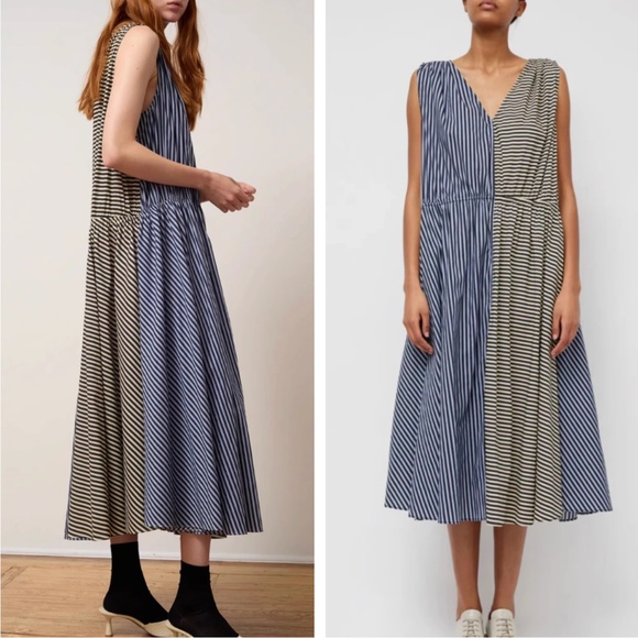 NWT NO.6 Leigh Midi Dress - Stripe Combo Blue Black White Causal Cotton